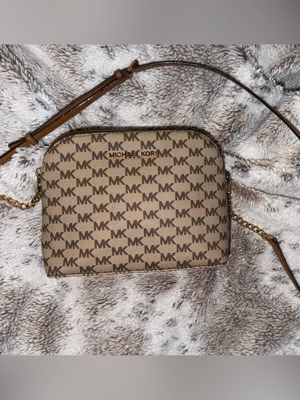 Michael Kors Tan Logo Crossbody with Gold Chain Trim